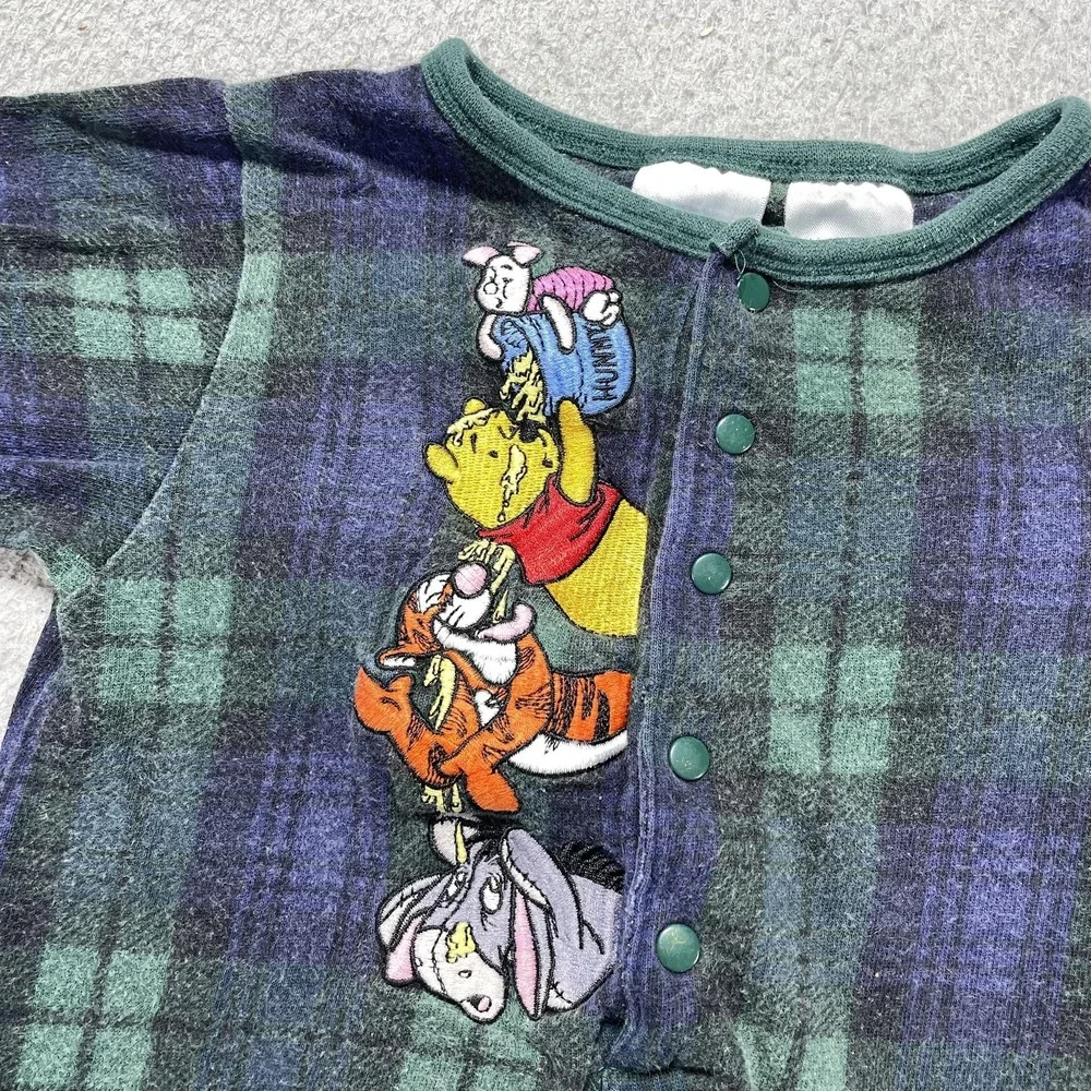 Disney Store Coverall Infant Boys 12M Green Plaid Pooh Tigger Eeyore Flannel VTG